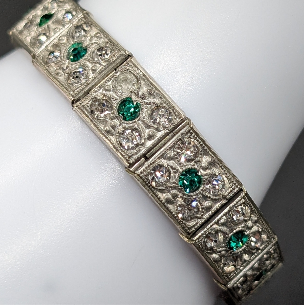Vintage Art Deco Style Bracelet – Green & Clear Rhinestone Links – 1920s/30s Gla